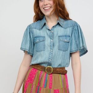 Sister Mary Raquel Denim Short Sleeve Button-Up Shirt XS